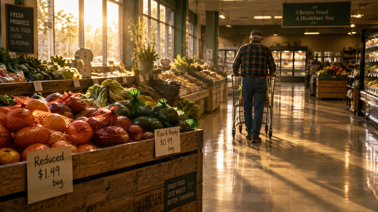 A man pushes a cart down a sunny grocery produce aisle past wooden bins with reduced-price citrus and avocados.