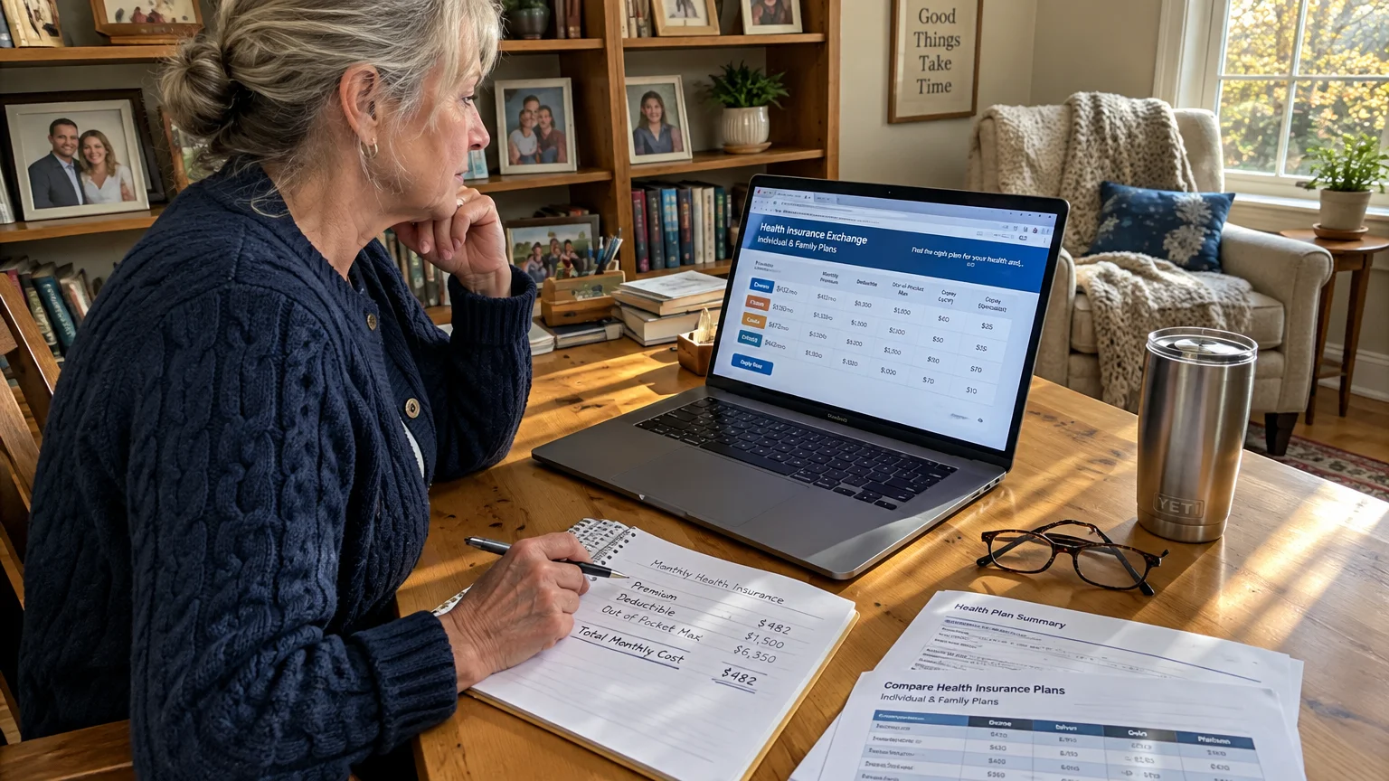 A woman sits at a desk with a laptop displaying health insurance plans while taking notes on a notepad.