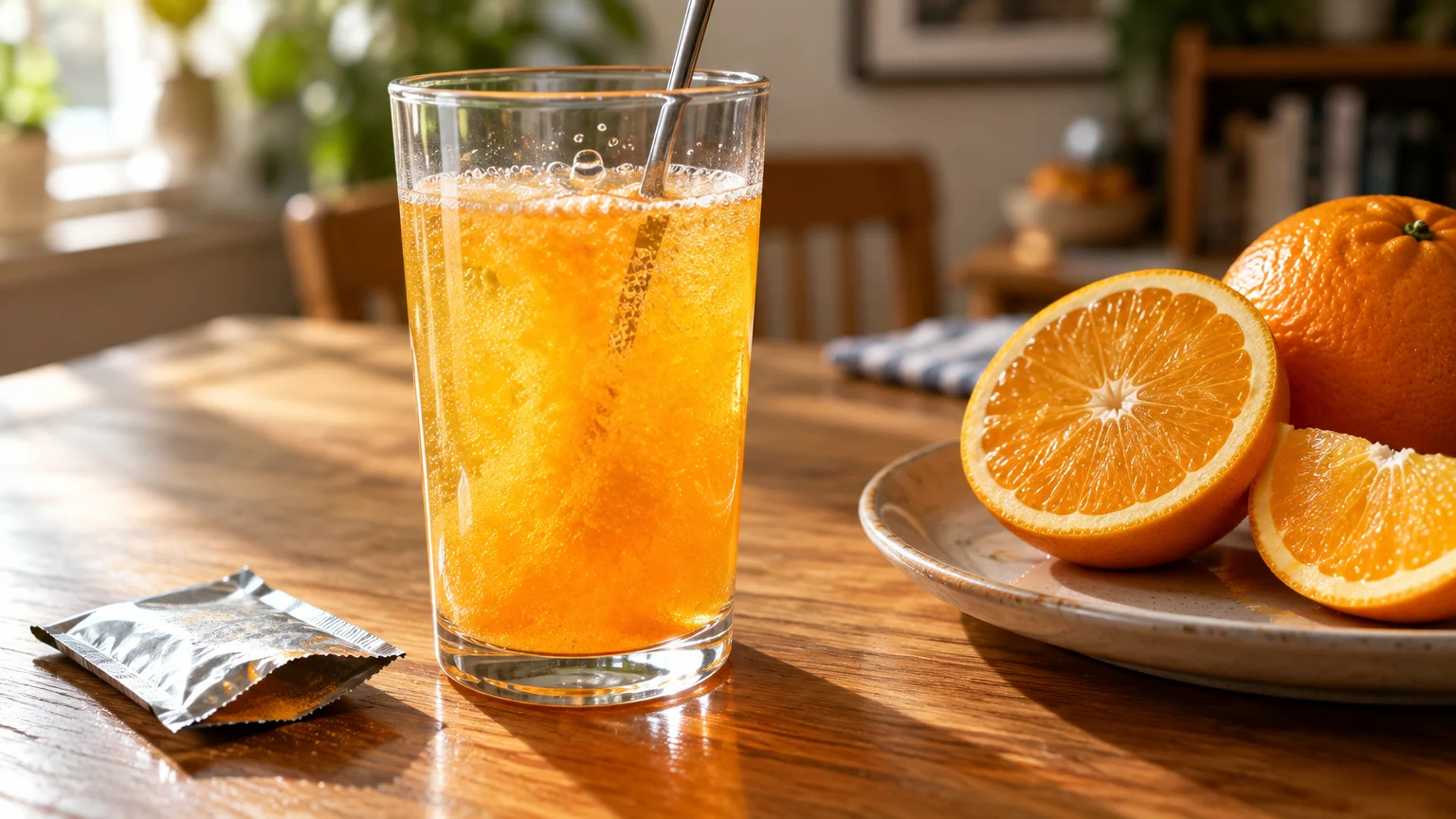 Glass of fizzy orange drink with a metal spoon, an opened foil packet, and fresh orange slices on a wooden table.