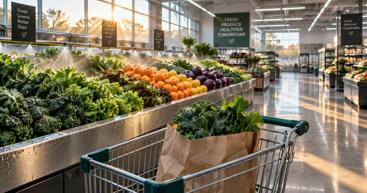 Shopping cart with leafy greens in a grocery aisle beside misted produce displays illuminated by morning sunlight.