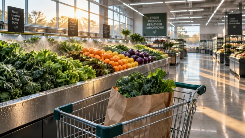 Shopping cart with leafy greens in a grocery aisle beside misted produce displays illuminated by morning sunlight.