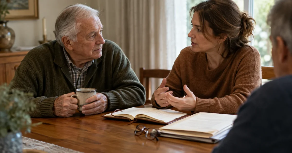 A woman speaks with an older man sitting at a wooden table with open notebooks, papers, and a coffee mug.