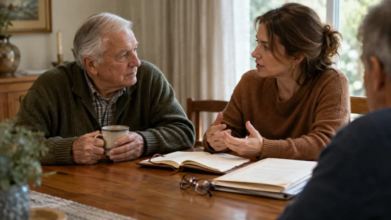 A woman speaks with an older man sitting at a wooden table with open notebooks, papers, and a coffee mug.