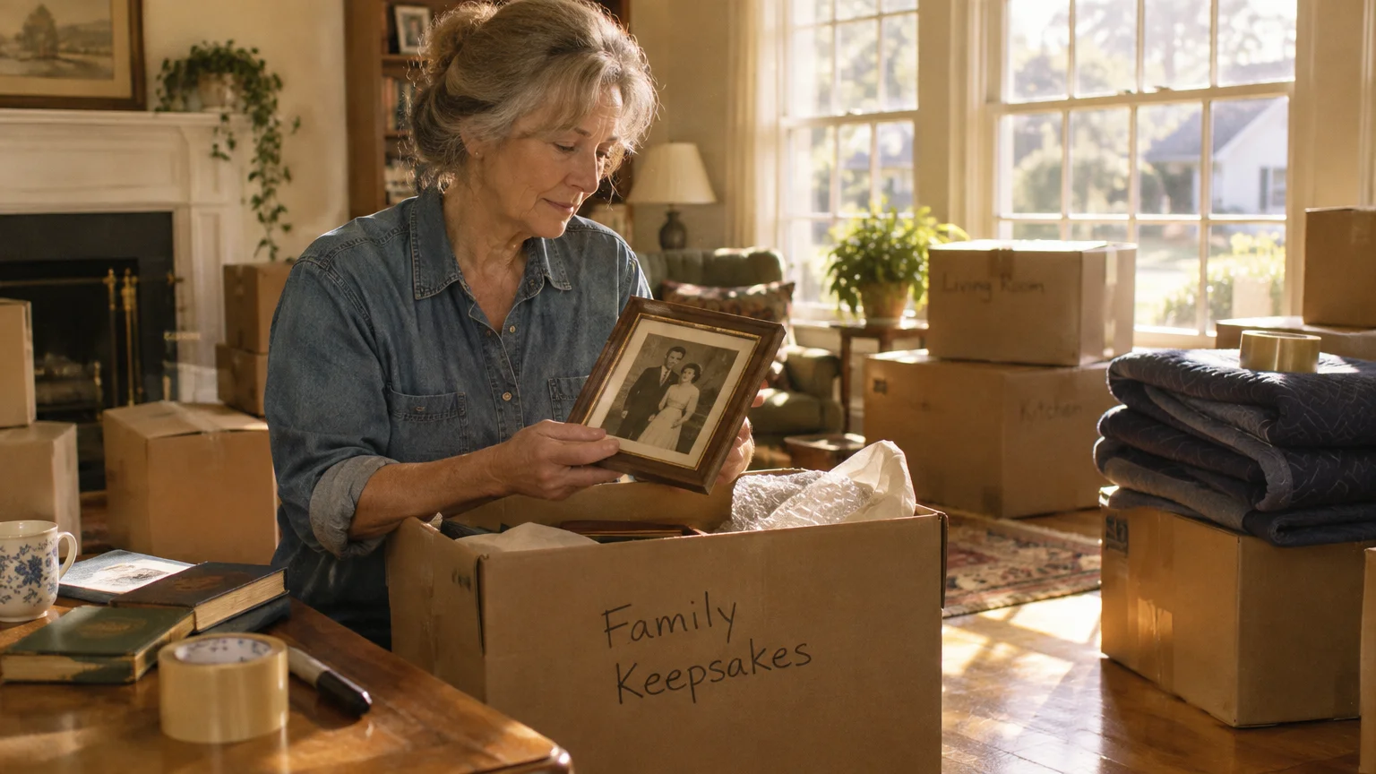 Older woman holding a framed portrait above a cardboard box labeled Family Keepsakes in a sunlit room filled with moving boxes.