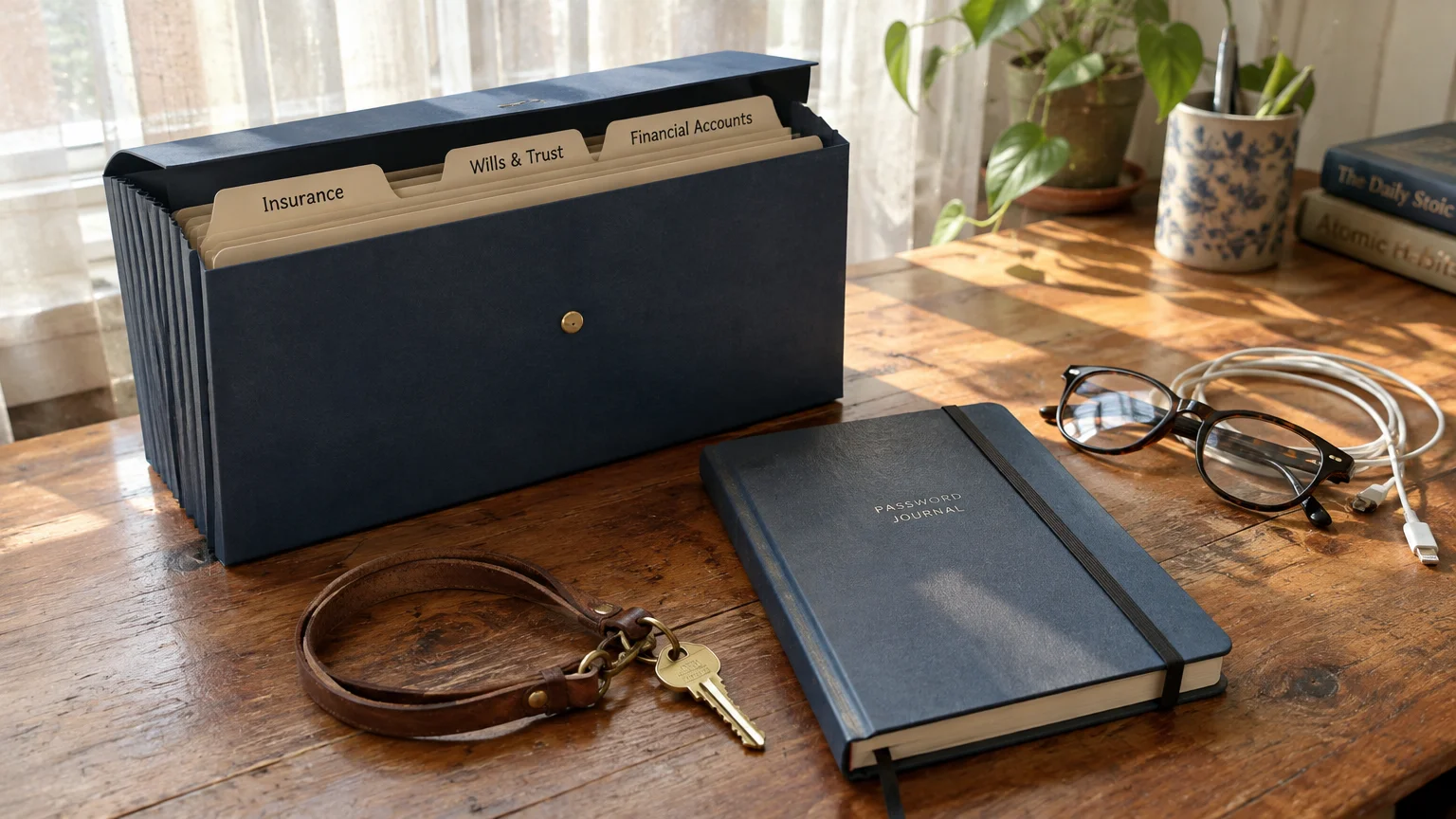 Expanding blue file folder with labeled tabs next to a password journal, key, and eyeglasses on a wooden table.
