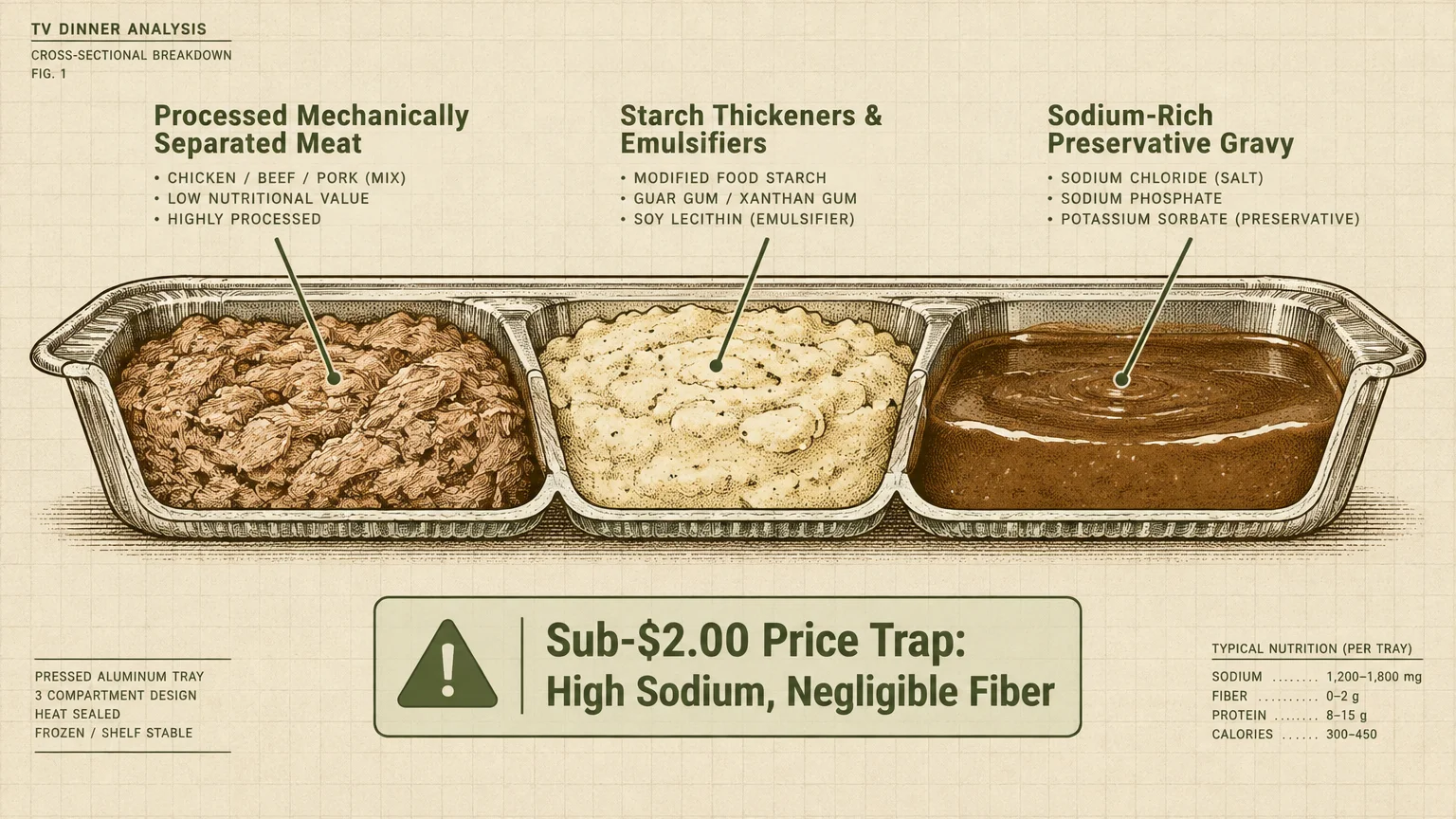 Diagram of a three-compartment TV dinner tray breaking down processed meat, starch thickeners, and sodium-rich gravy.