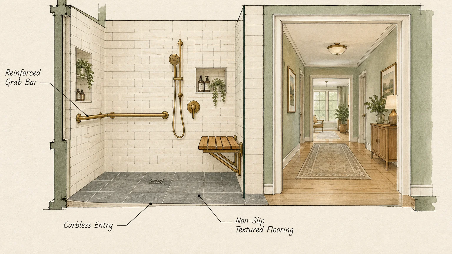 Architectural illustration of an accessible walk-in shower with grab bars, curbless entry, and non-slip flooring next to a hallway.