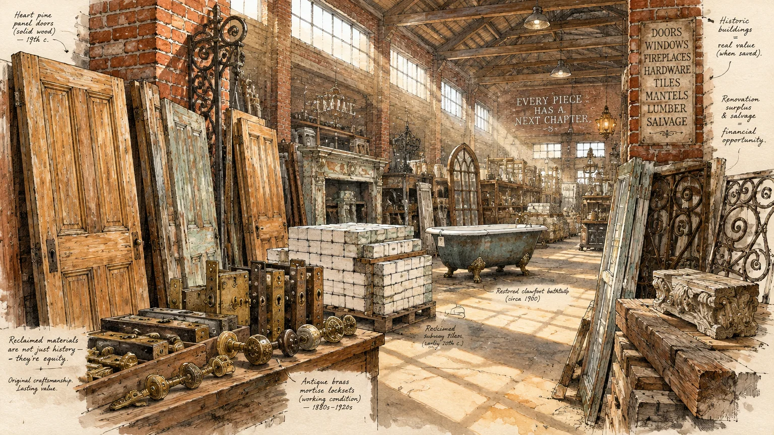 Illustration of a warehouse filled with salvaged wooden doors, vintage hardware, a clawfoot tub, and stacked lumber.