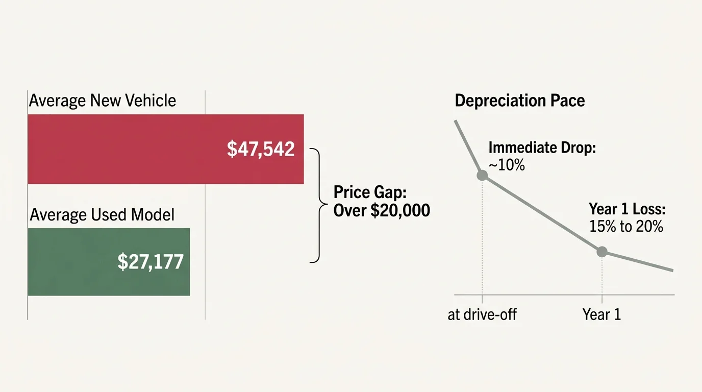Bar chart comparing new and used vehicle prices beside a line graph showing vehicle depreciation over the first year.