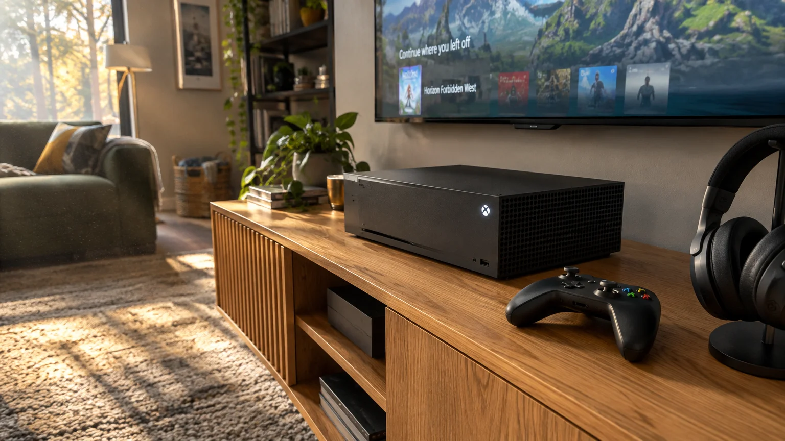 Black video game console and controller resting horizontally on a wooden media console beneath a wall-mounted TV.
