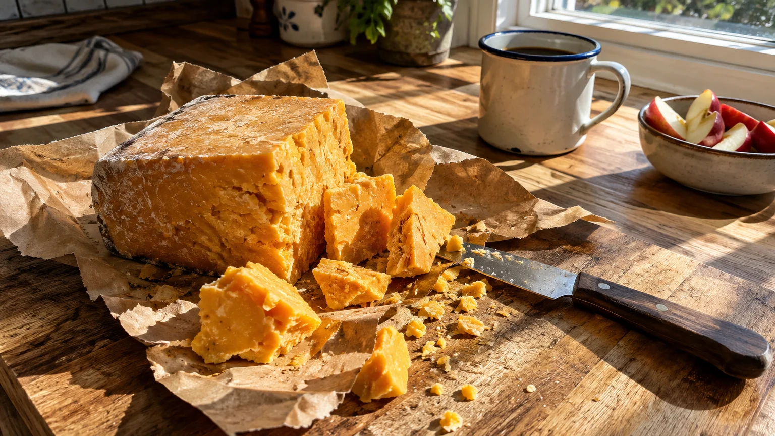 A block of yellow cheddar cheese unwrapped on brown paper on a wooden cutting board with a knife, mug, and apple slices.
