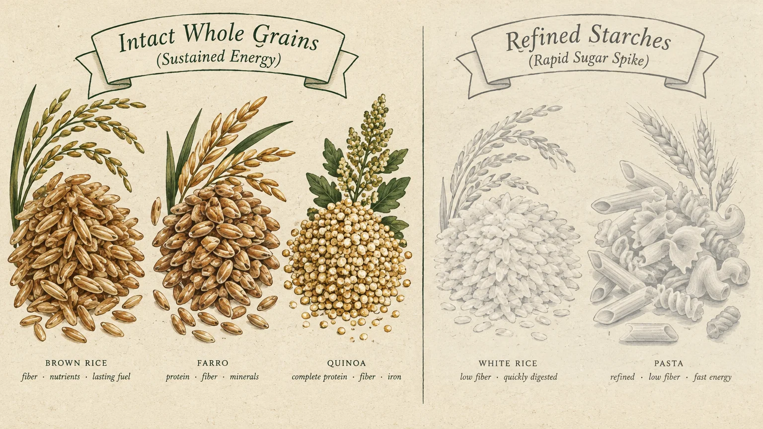 Botanical comparison diagram contrasting brown rice, farro, and quinoa with sketched white rice and pasta.