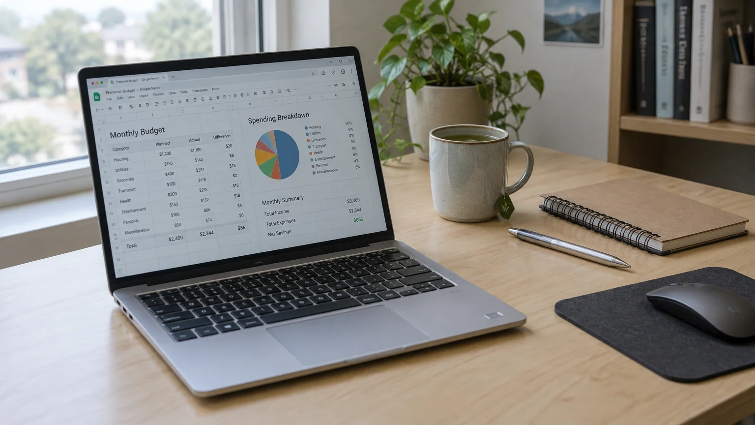 Open laptop on a wooden desk displaying a spreadsheet with a budget and pie chart next to a mug, pen, and notebook.