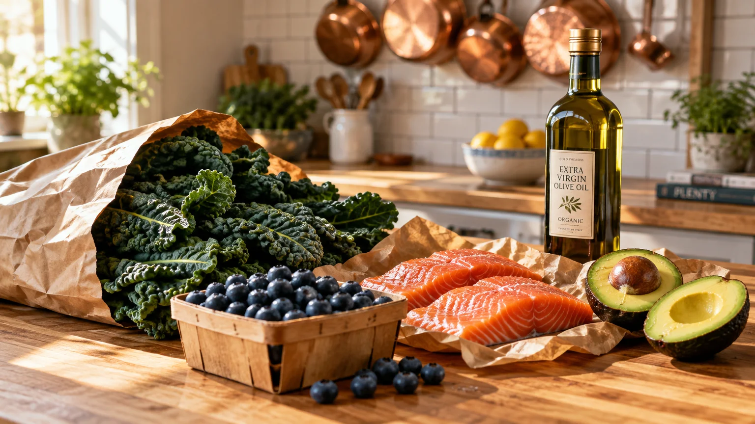Kale in a paper bag, a basket of blueberries, raw salmon fillets, sliced avocado, and olive oil on a wooden kitchen counter.