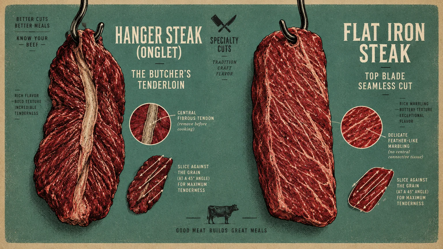 Vintage-style illustration of raw hanger steak and flat iron cuts hanging from metal butcher hooks with diagrams.
