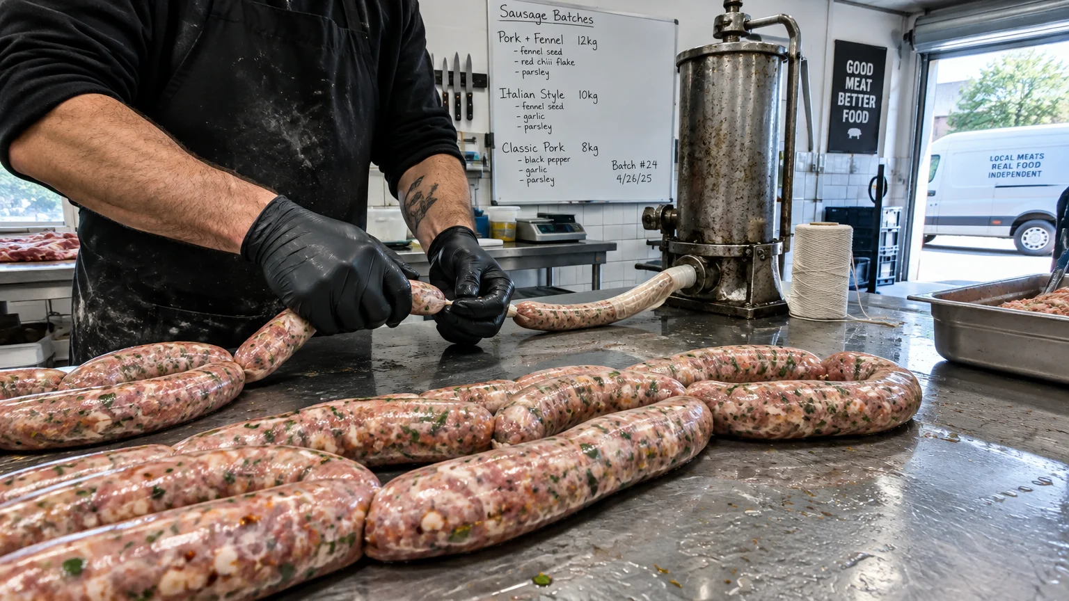 A butcher wearing black gloves fills natural sausage casings on a metal work table next to a vertical stuffer.