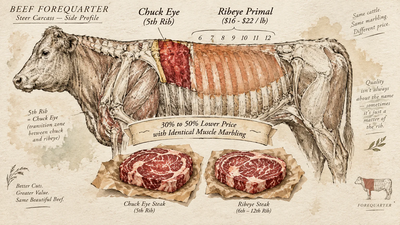 Diagram showing a steer's skeletal anatomy with labeled fifth rib chuck eye and ribeye primal cuts alongside steaks.