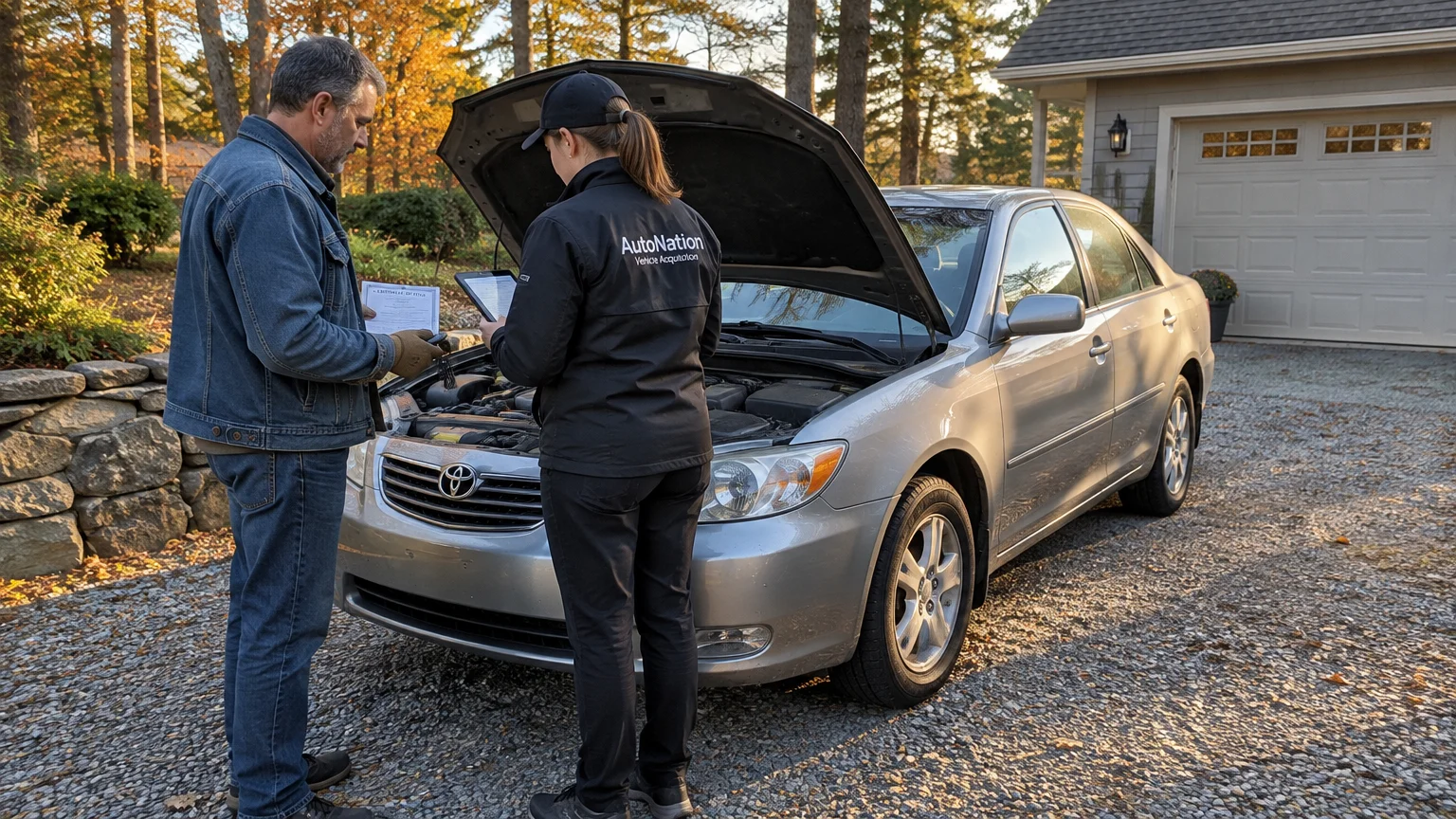 A man and an AutoNation worker review paperwork in front of a silver sedan with its hood raised in a gravel driveway.