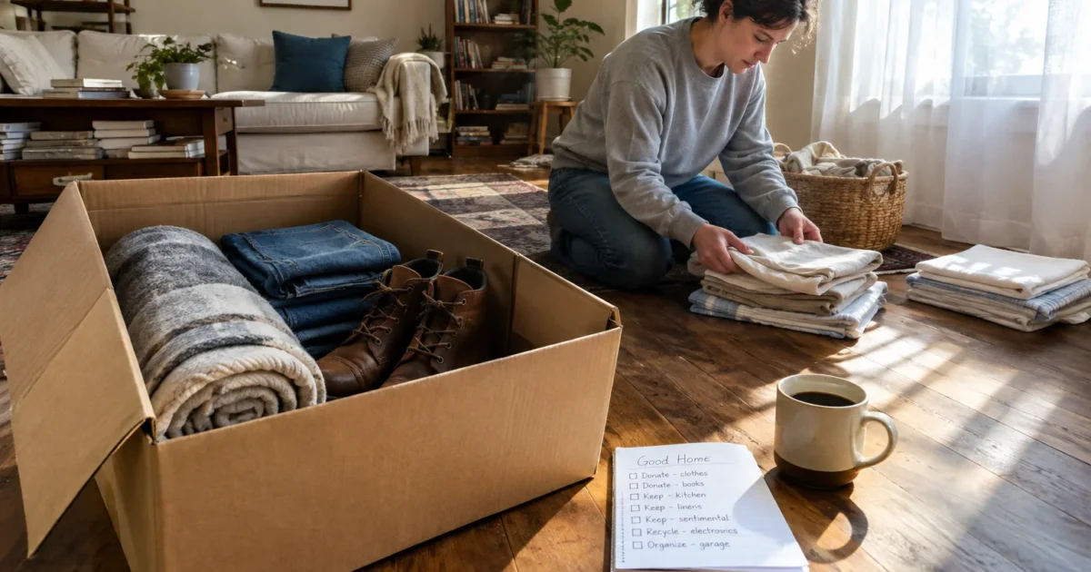 A woman kneels on a wooden floor folding linens beside an open cardboard box packed with folded clothes and boots.