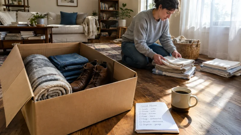 A woman kneels on a wooden floor folding linens beside an open cardboard box packed with folded clothes and boots.