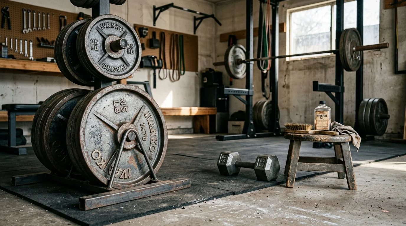 Cast-iron weight plates on a rack in a garage gym, with a dumbbell, squat rack, and cleaning supplies on a stool.