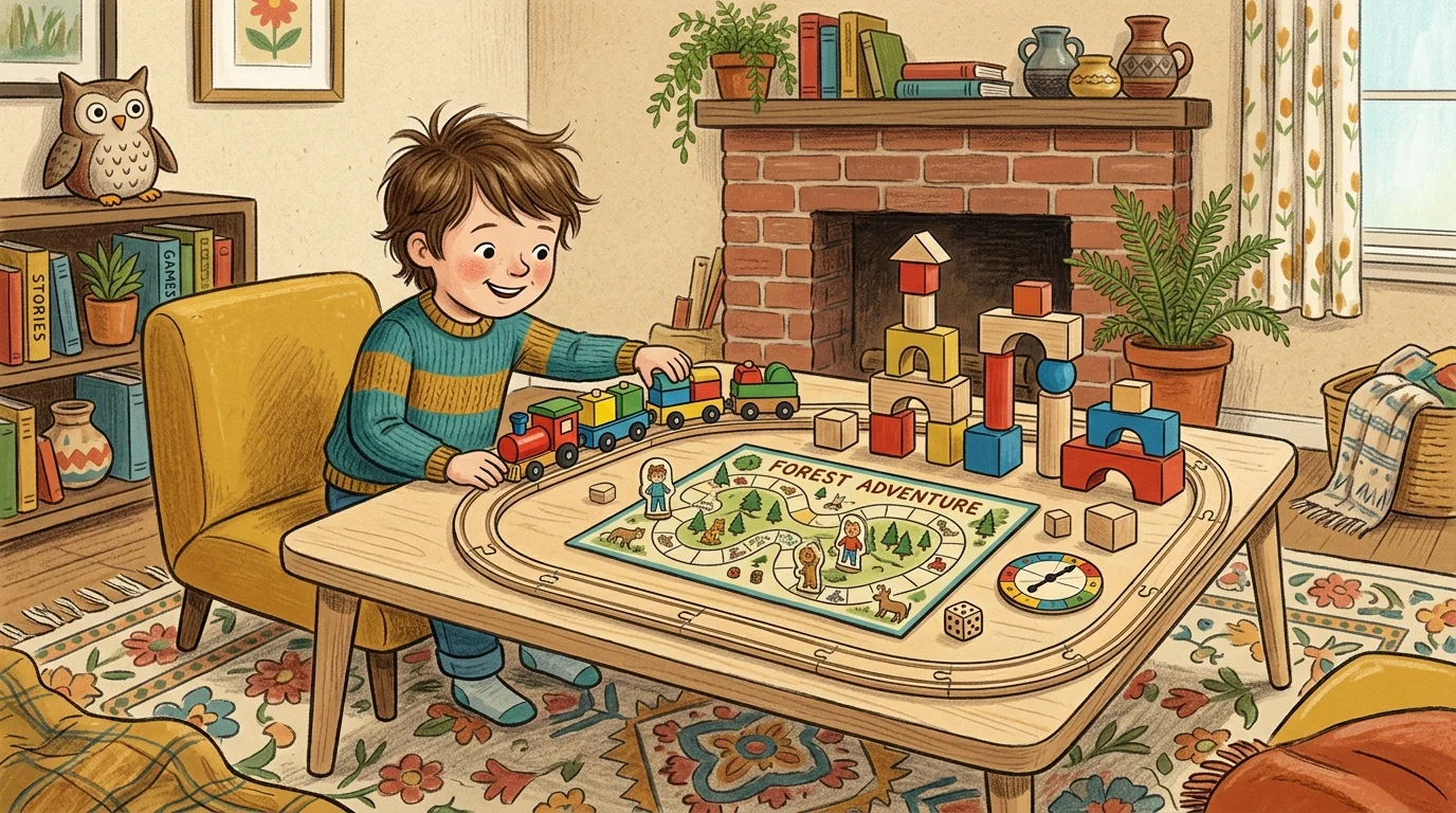 Illustration of a young boy playing with a toy train, wooden blocks, and a board game on a low wooden table.