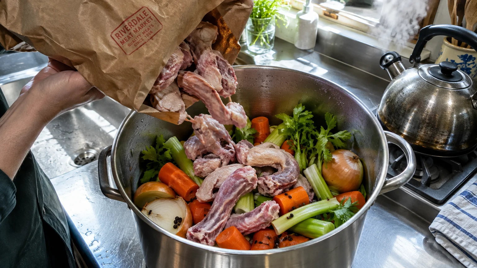 Raw chicken necks pouring from a brown paper bag into a large stockpot filled with carrots, celery, and onions.