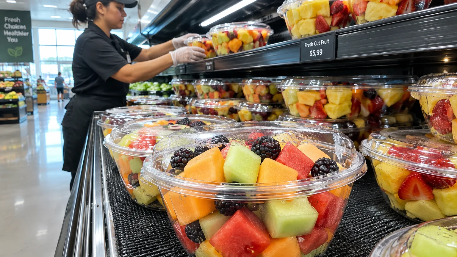 Supermarket worker stocking refrigerated shelves with clear plastic bowls filled with freshly cut fruit and berries.