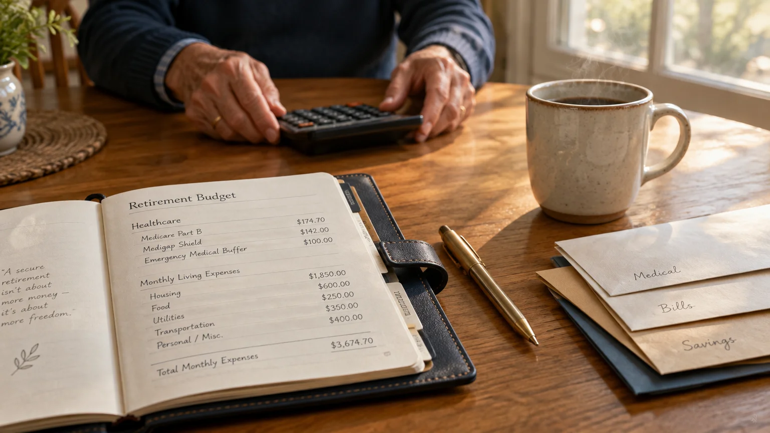 Open retirement budget notebook showing healthcare expenses beside a calculator, pen, and coffee mug on a wooden table.