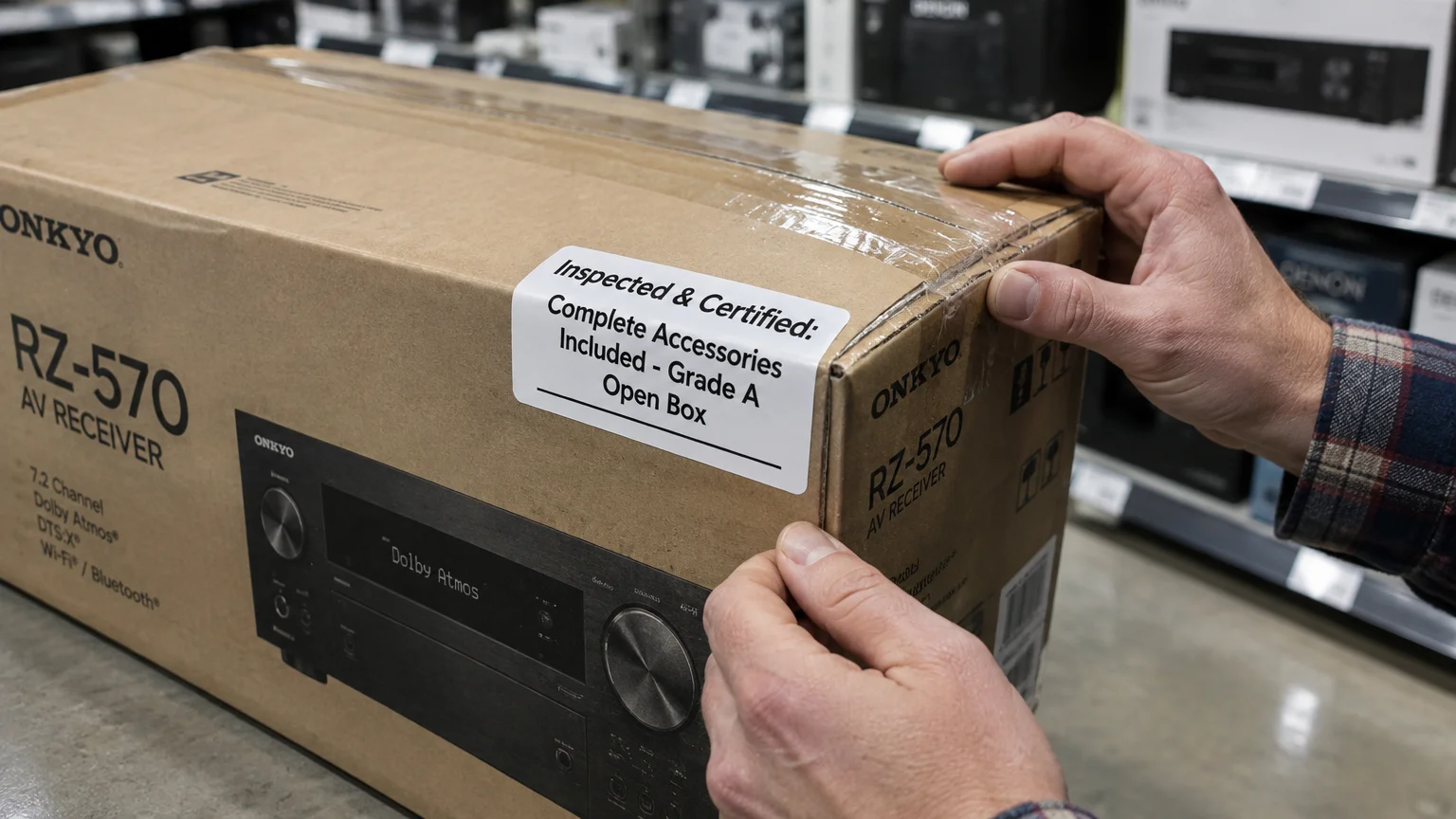 Hands holding a cardboard box for an Onkyo AV receiver labeled with an Inspected and Certified open-box sticker.