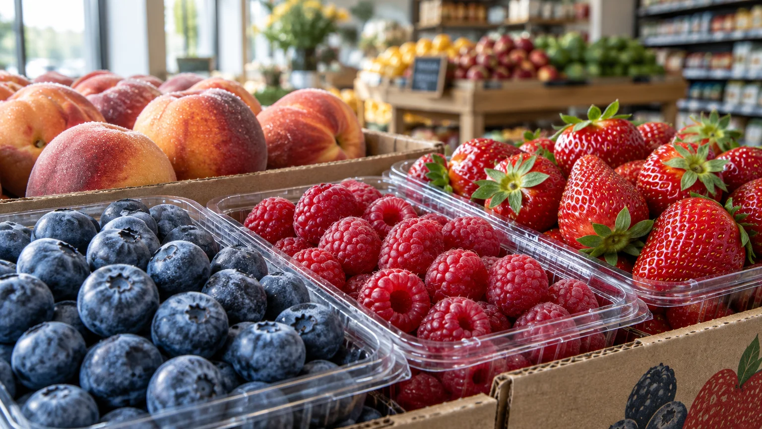 Clear plastic containers of blueberries, raspberries, and strawberries arranged next to fresh peaches in a grocery store.