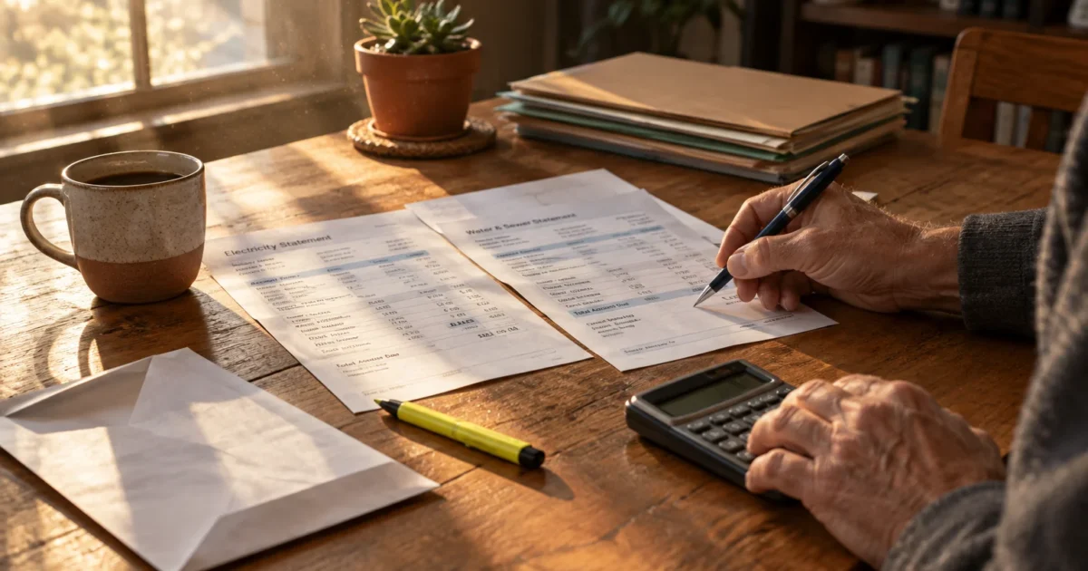 Person reviewing electricity and water utility statements with a pen and calculator at a sunlit wooden desk.