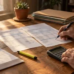 Person reviewing electricity and water utility statements with a pen and calculator at a sunlit wooden desk.
