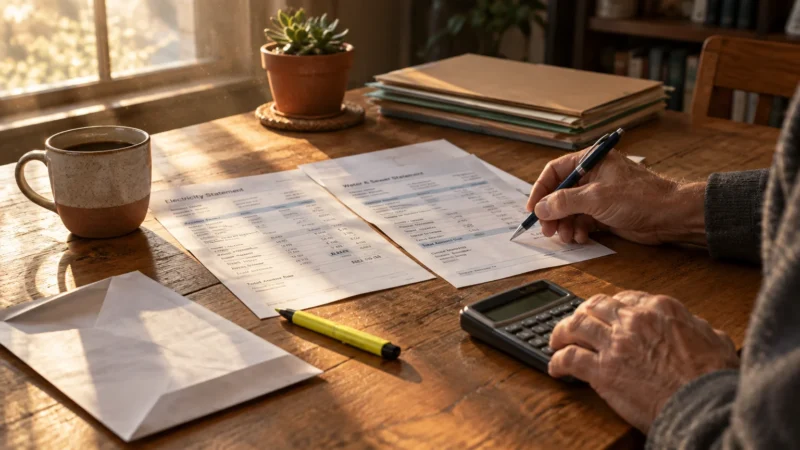 Person reviewing electricity and water utility statements with a pen and calculator at a sunlit wooden desk.