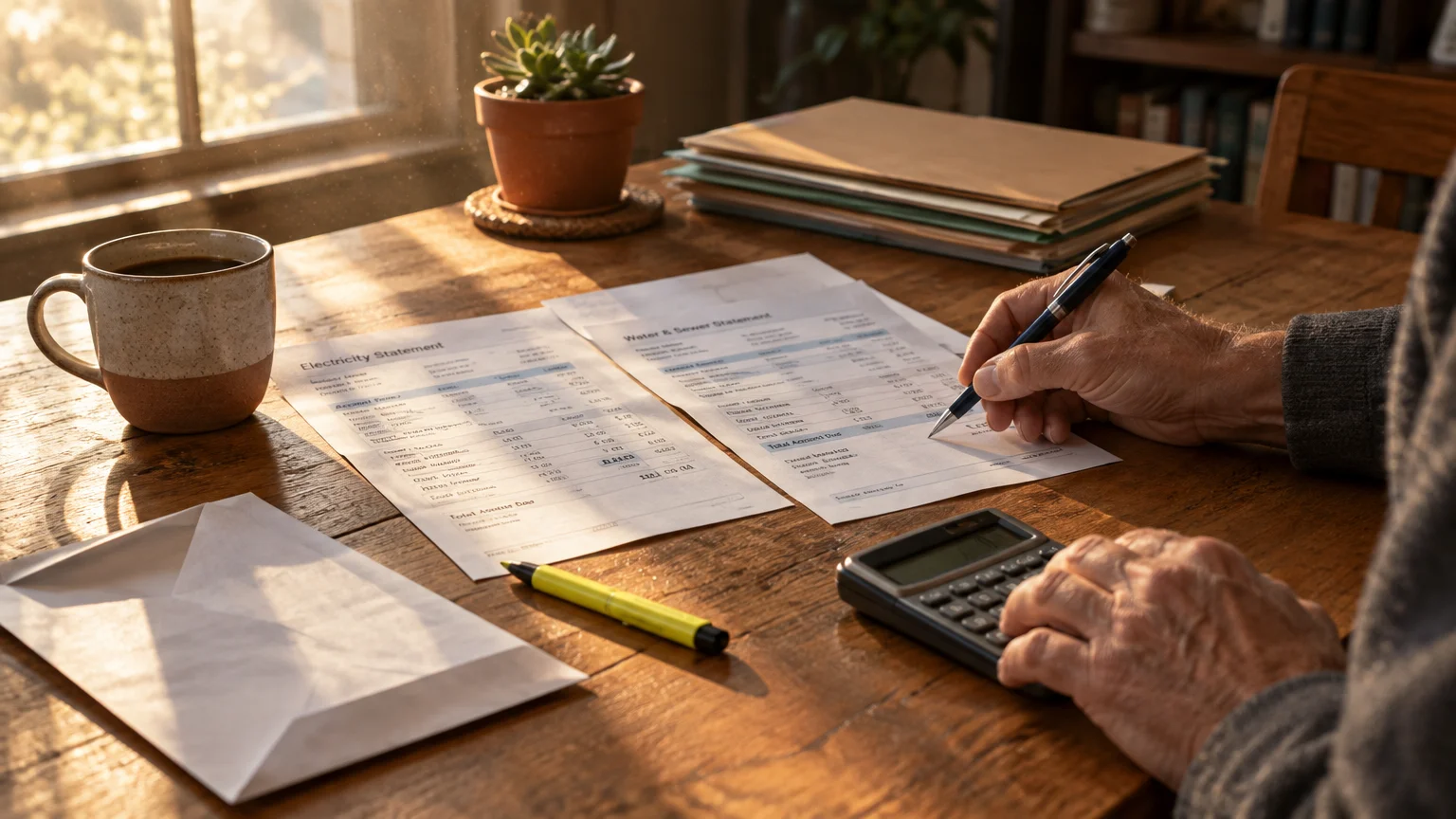 Person reviewing electricity and water utility statements with a pen and calculator at a sunlit wooden desk.
