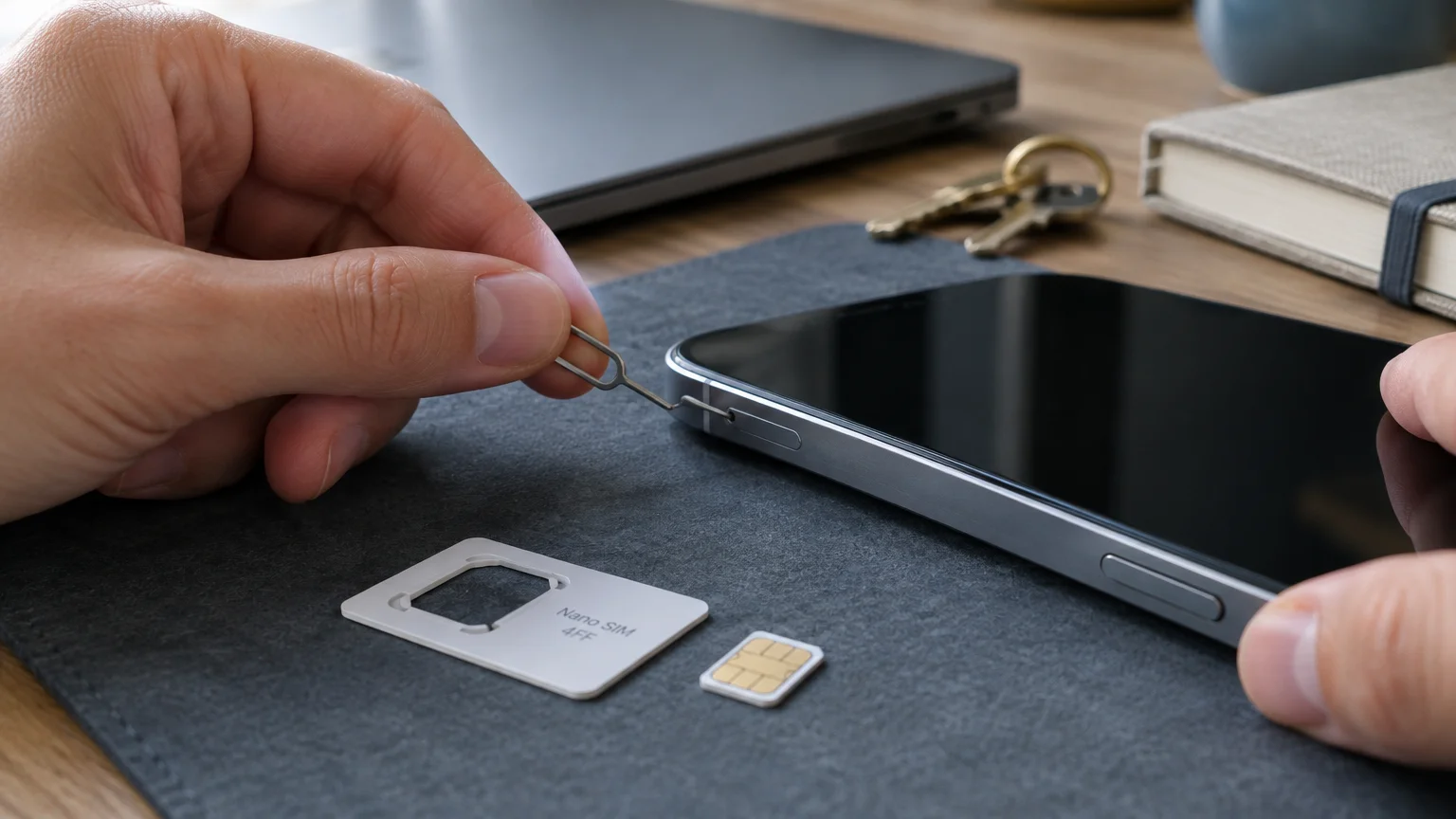 A person using a metal ejector tool to open the SIM card tray on the side of a smartphone on a desk.