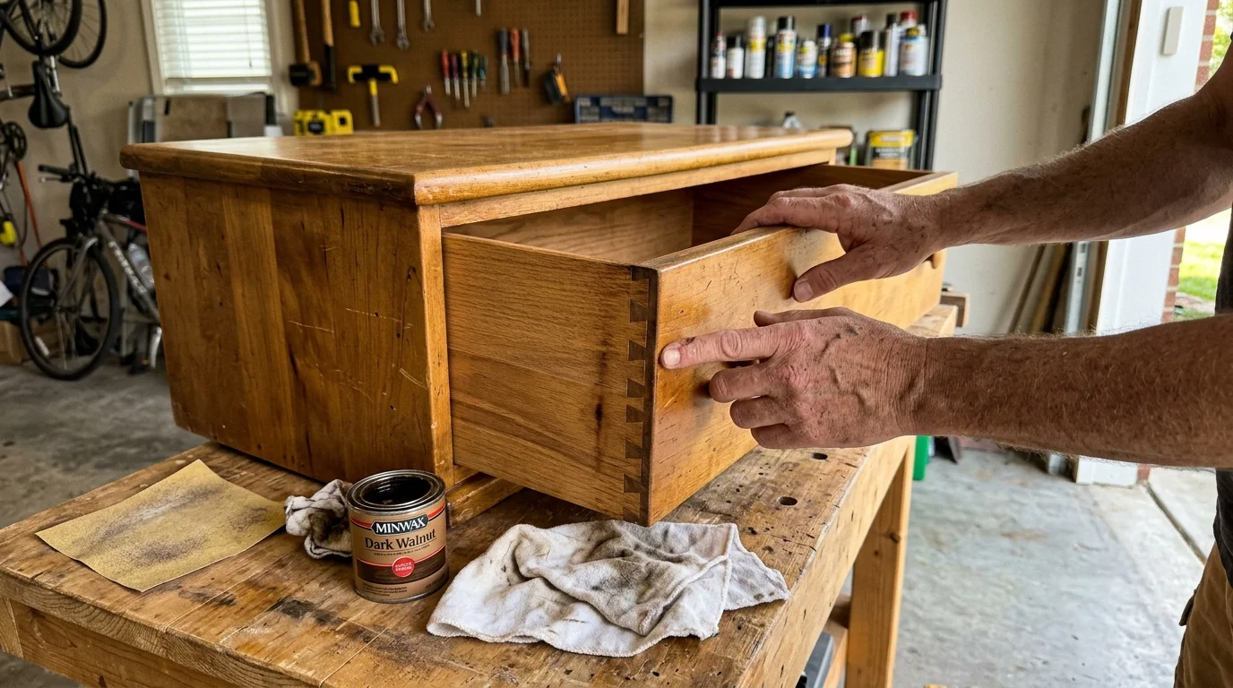A person points to the dovetail joint on an open wooden drawer sitting on a workbench in a workshop.