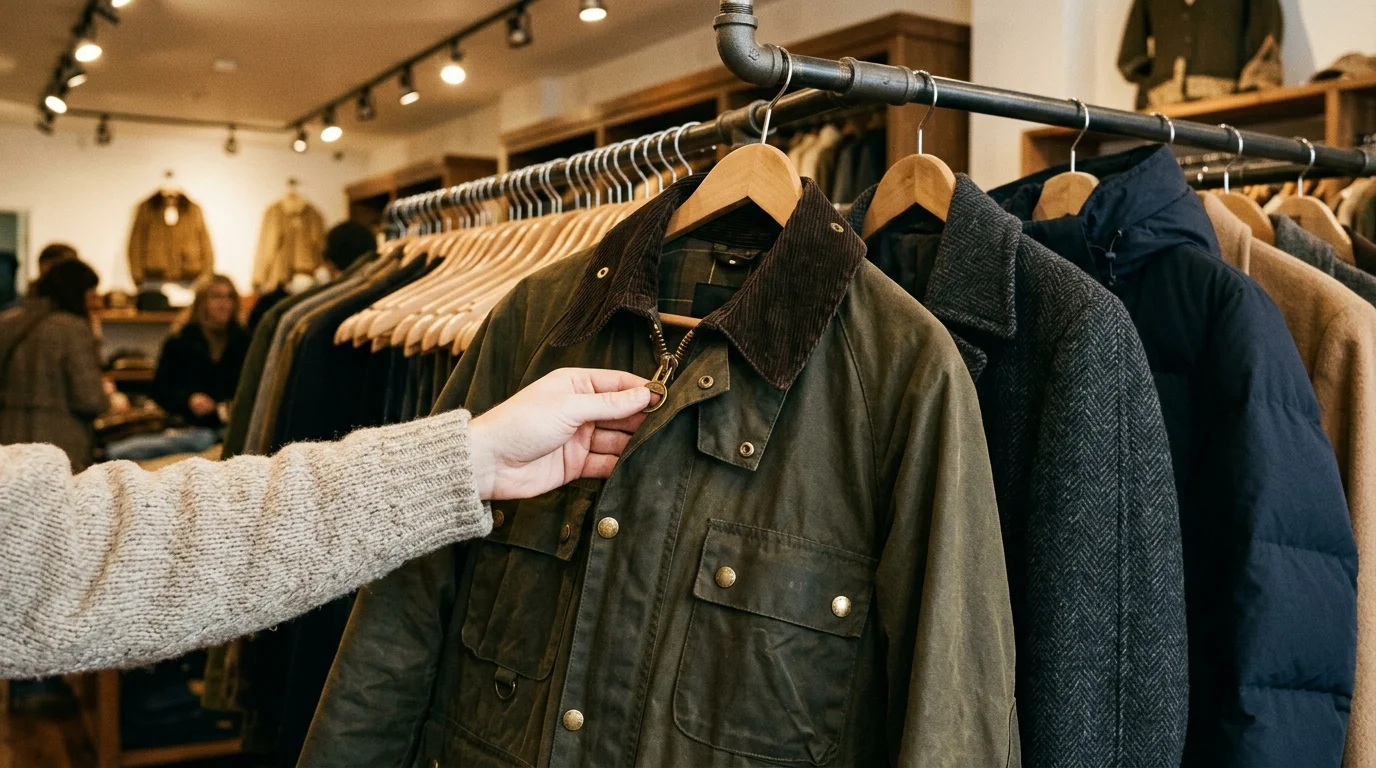 A person inspects the brass zipper of a green waxed jacket hanging on a clothing rack in a boutique.