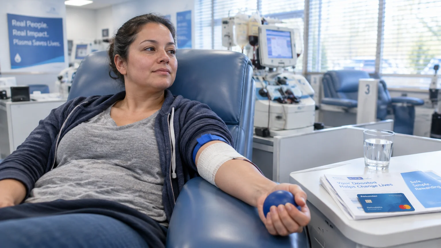 A woman sits in a blue donation chair holding a stress ball while connected to an apheresis plasma machine.