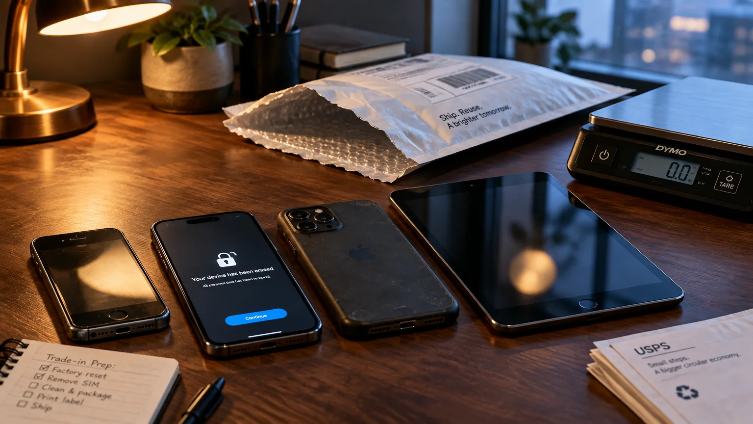 Smartphones, a tablet showing an erased screen, shipping envelope, postal scale, and a trade-in prep checklist on a desk.