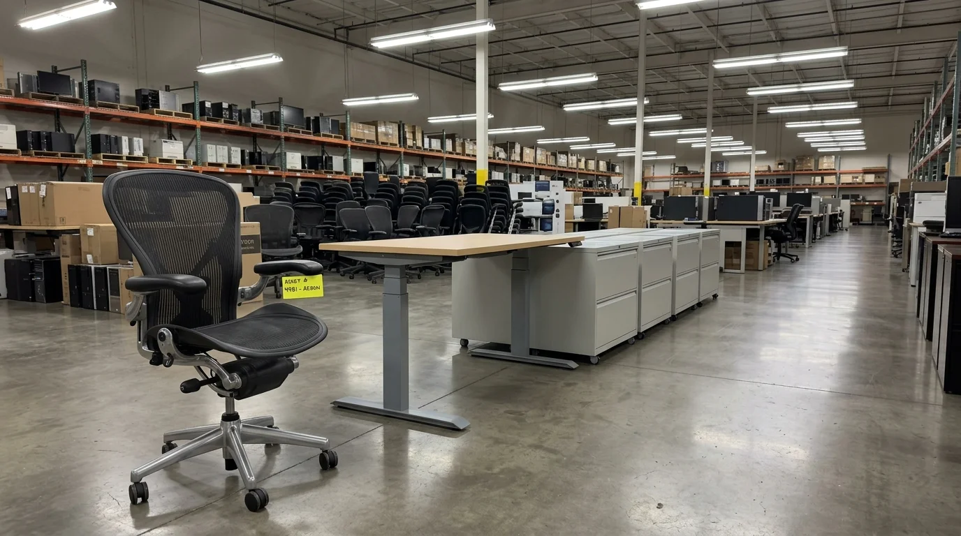 Black mesh Herman Miller Aeron office chair and a standing desk in a large surplus warehouse filled with office furniture.