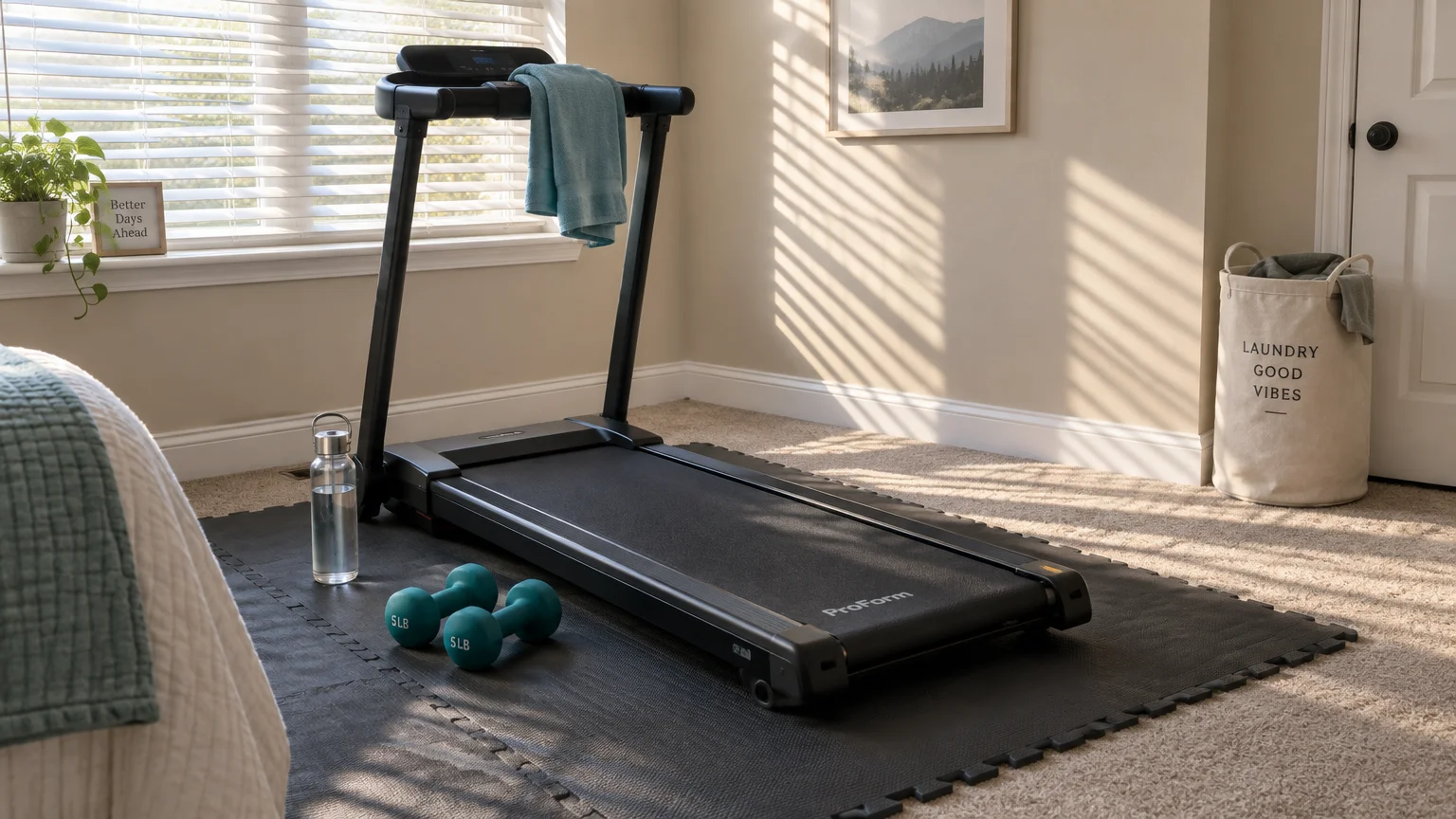 Treadmill on black interlocking floor mats in a bedroom beside two teal dumbbells and a water bottle.