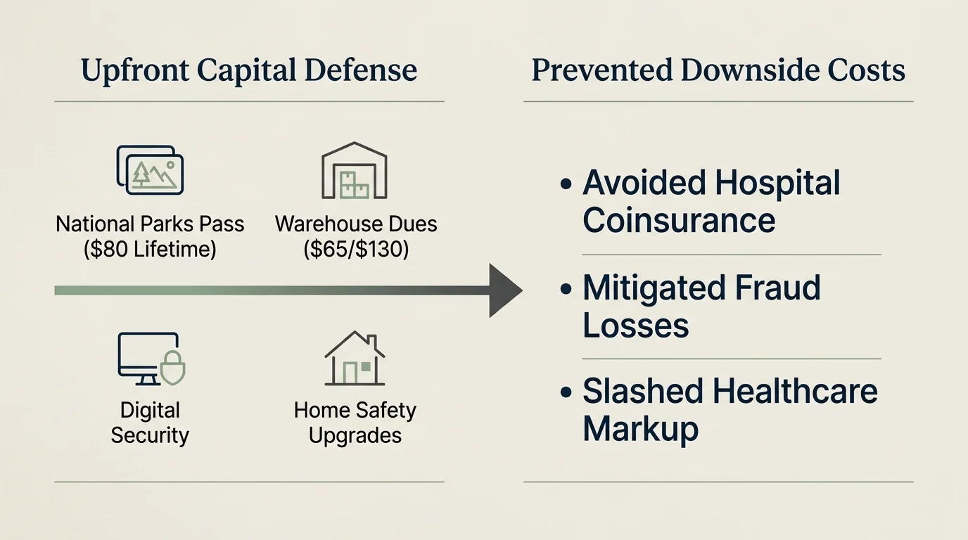 Diagram linking upfront capital defense items with an arrow to prevented downside costs like mitigated fraud losses.