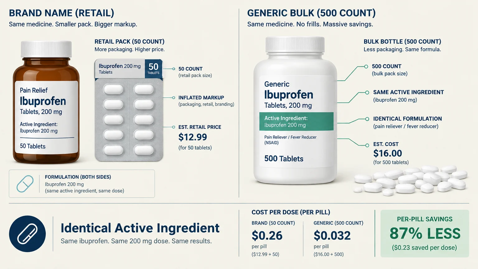 Diagram comparing cost and pill counts between a 50-count retail pack and a 500-count generic bulk bottle of ibuprofen.