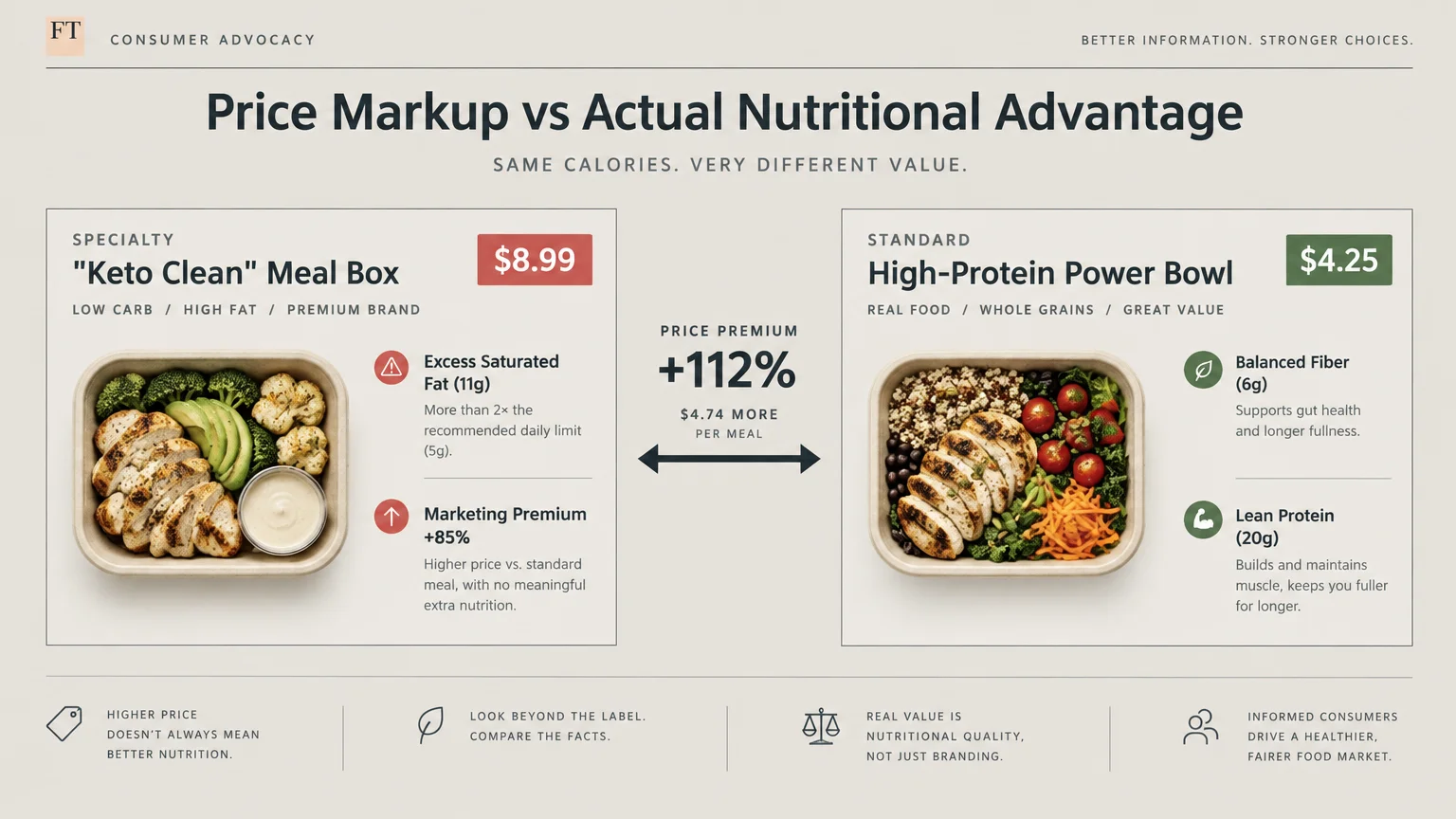 Diagram comparing an $8.99 Keto Clean meal box with high saturated fat to a $4.25 High-Protein Power Bowl with fiber.