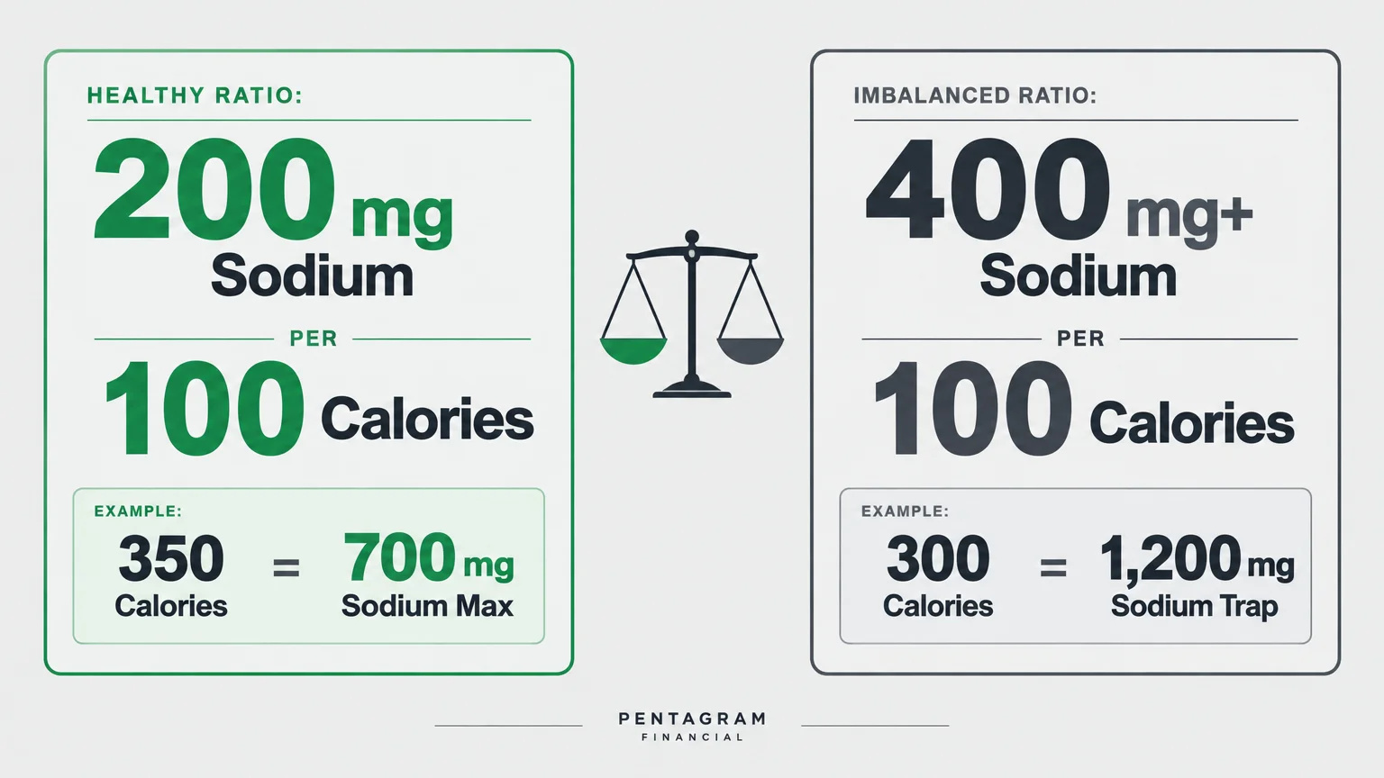 Graphic comparing a healthy ratio of 200 mg sodium per 100 calories to an imbalanced ratio of 400 mg sodium per 100 calories.