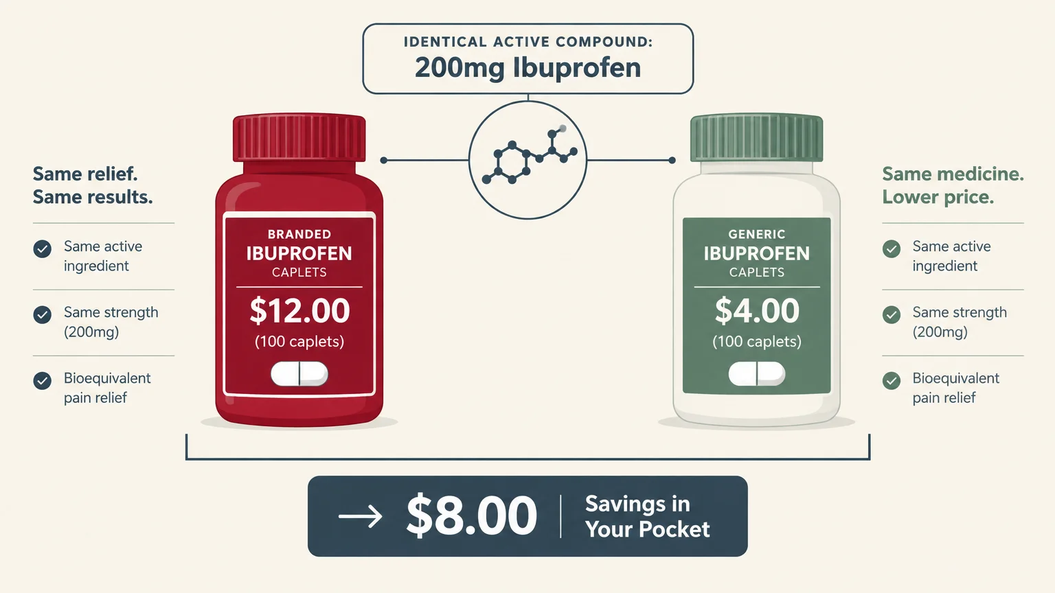 Graphic comparing a $12 bottle of branded ibuprofen to a $4 generic bottle, highlighting $8 savings.