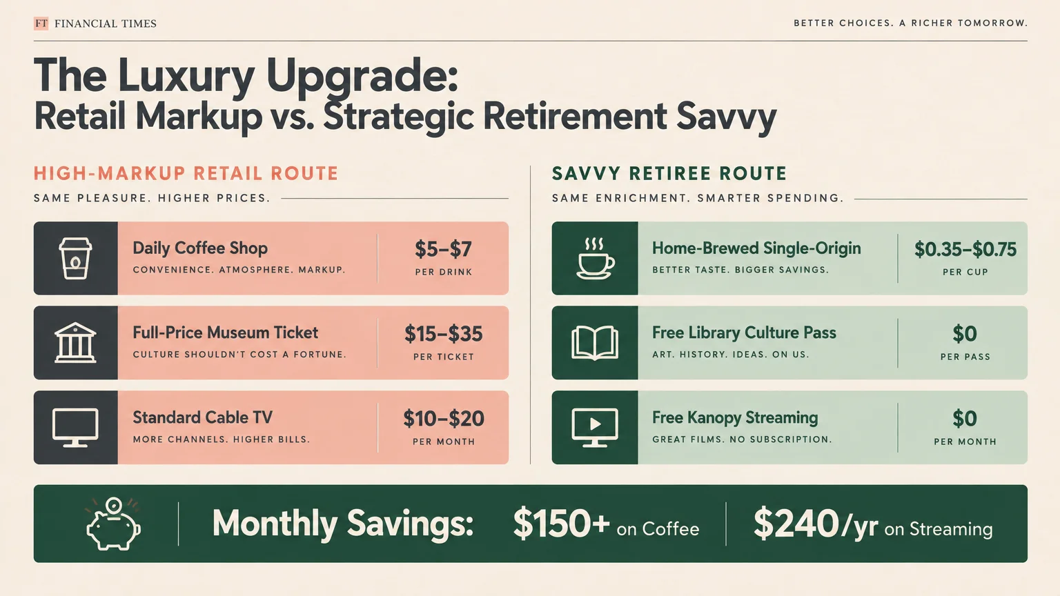 Infographic comparing high retail prices for coffee, museums, and cable against frugal alternatives and potential savings.
