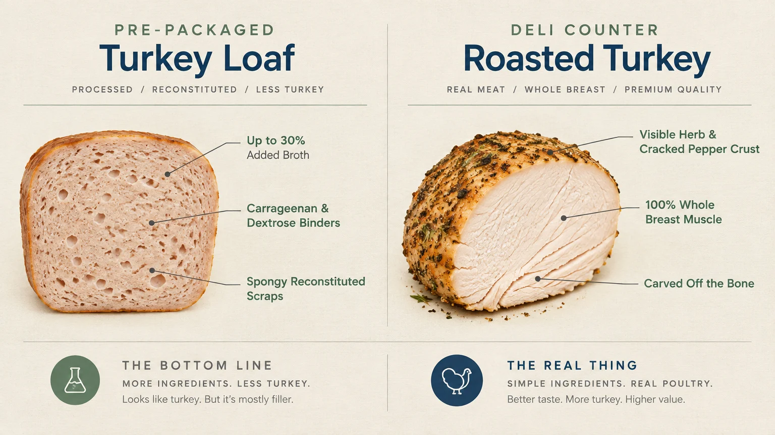 Diagram comparing sliced pre-packaged turkey loaf with holes to a whole roasted herb-crusted deli turkey breast.