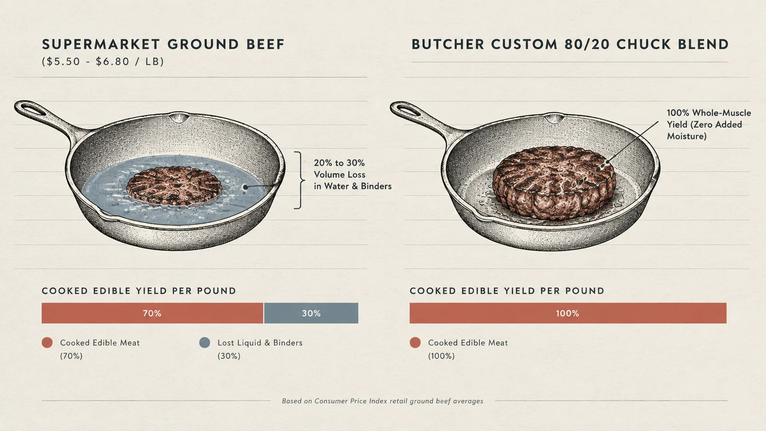 Diagram comparing cooked yield in cast iron skillets between supermarket ground beef and a butcher custom chuck blend.